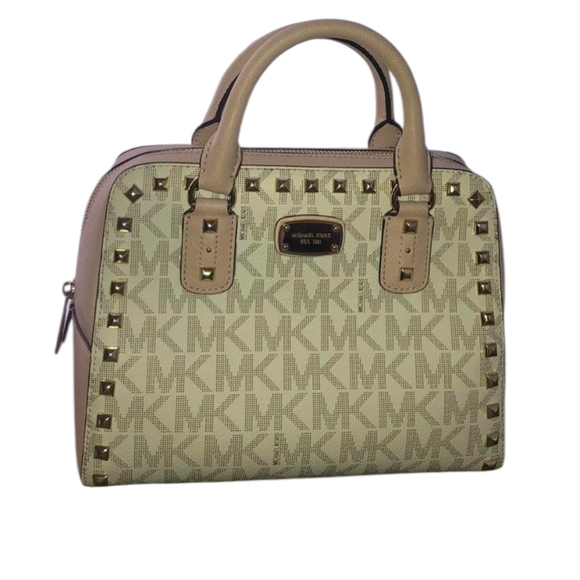Michael Kors Handbags - Michael Kors Sandrine Beige/Tan MK Logo Studded Satchel